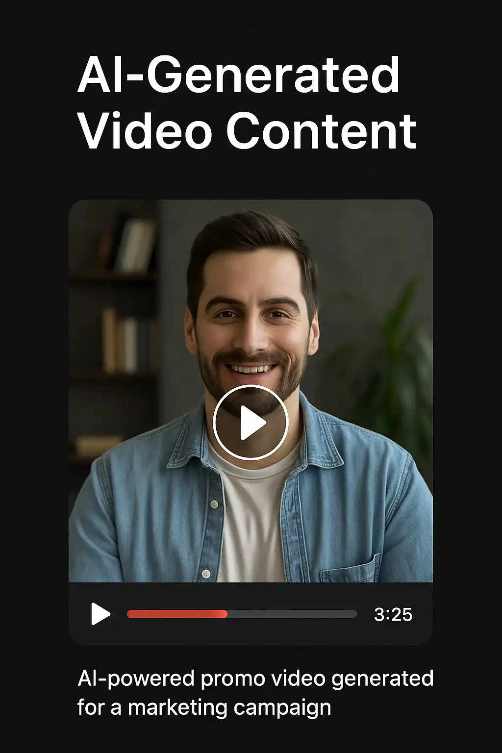 AI-Generated Promo Video for Marketing Campaign AI-generated video content with a timer showing 3:25, representing a promotional video created for a marketing campaign